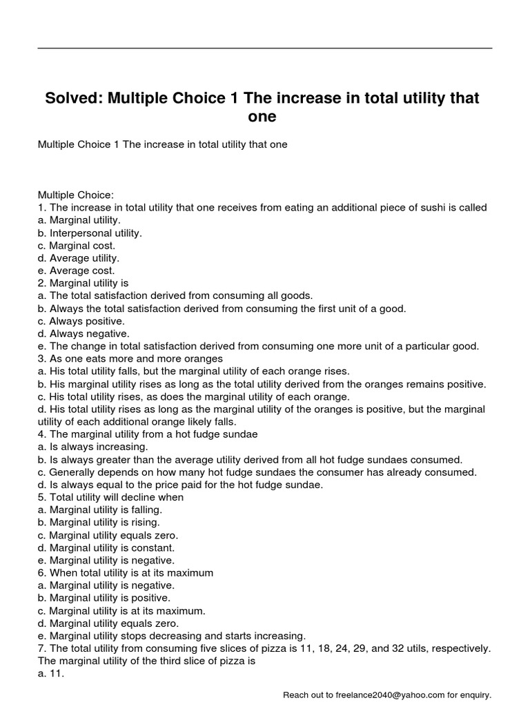 Marginal Utility Quiz Answers | PDF | Utility | Marginal Utility