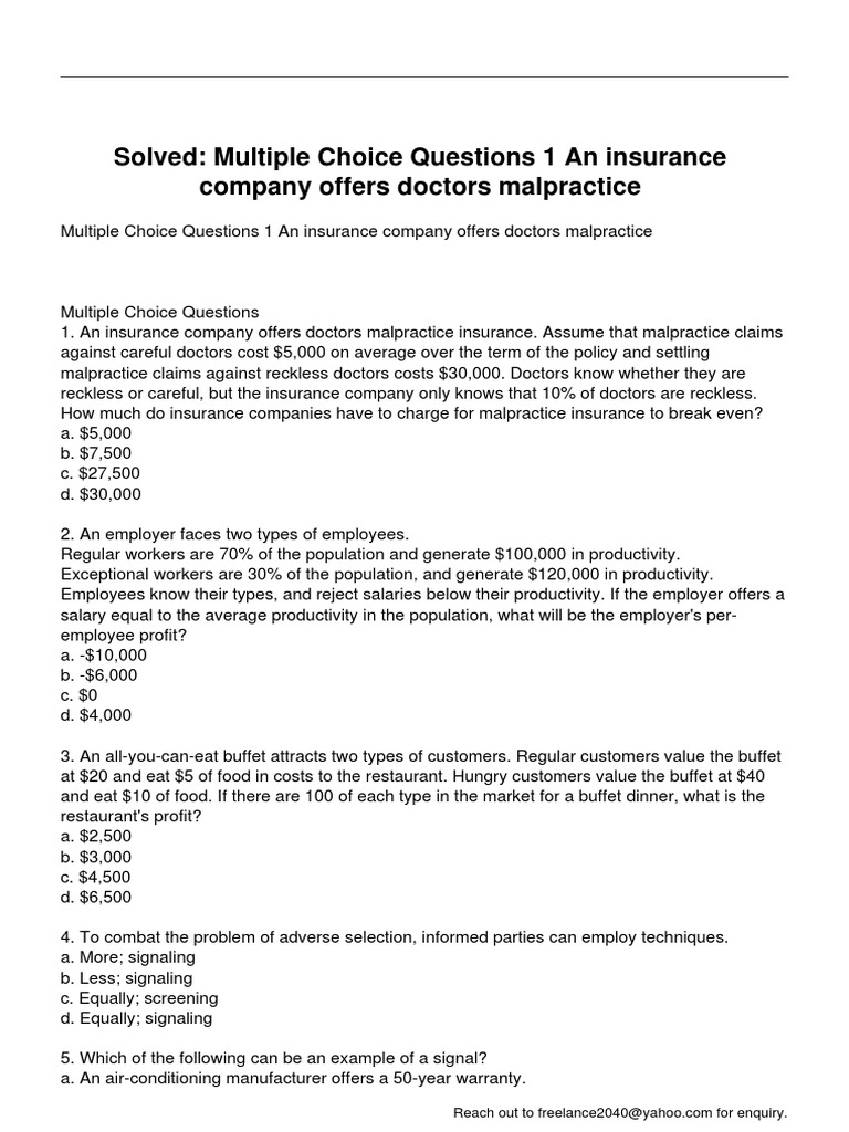 Insurance & Economics Quiz | PDF | Adverse Selection | Insurance