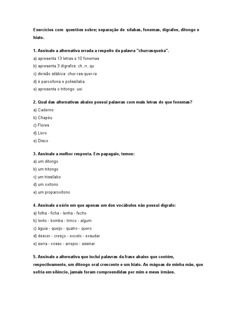 FONÉTICA - Exercícios Português Com Gabarito | PDF | Fonema | Sílaba