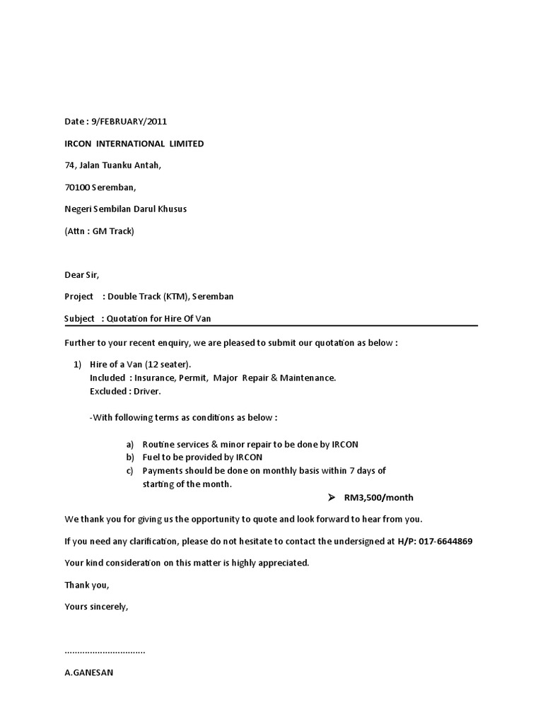 Van Rental Quotation for Project | PDF