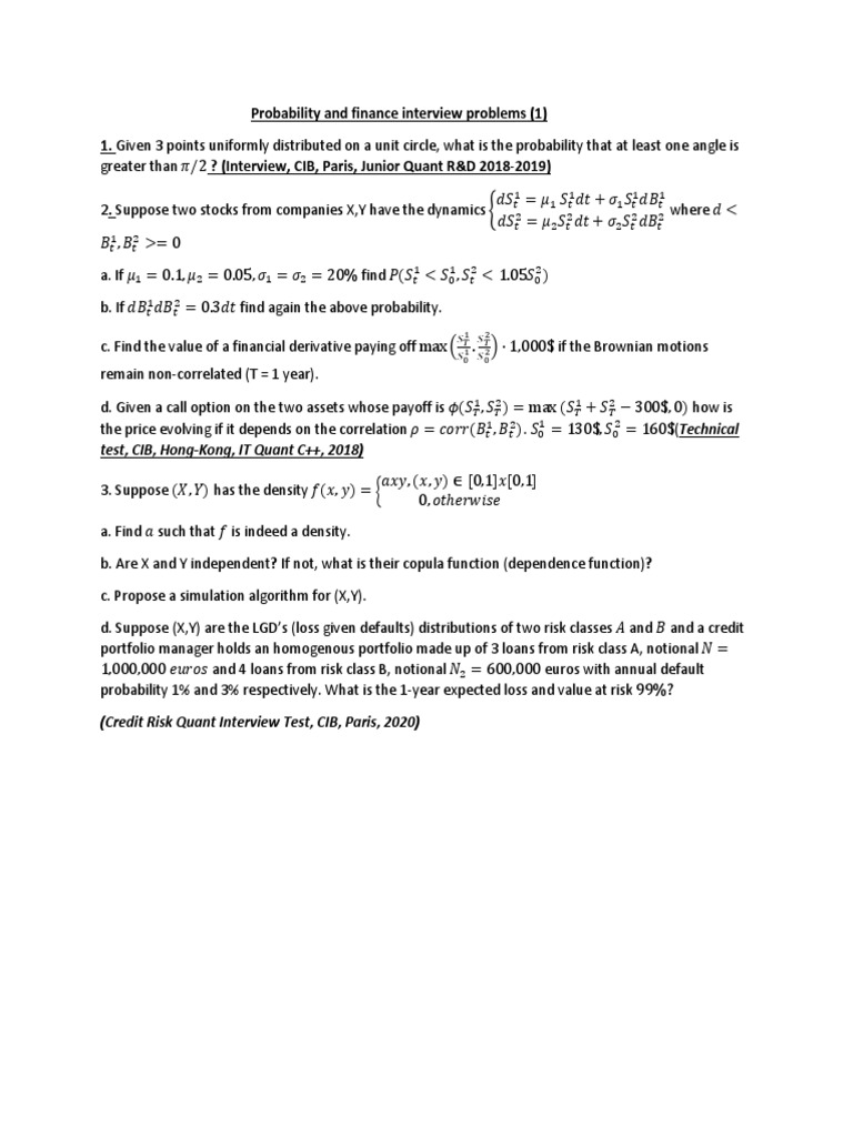 Quantitative Finance Interview Problems | PDF | Option (Finance) | Risk