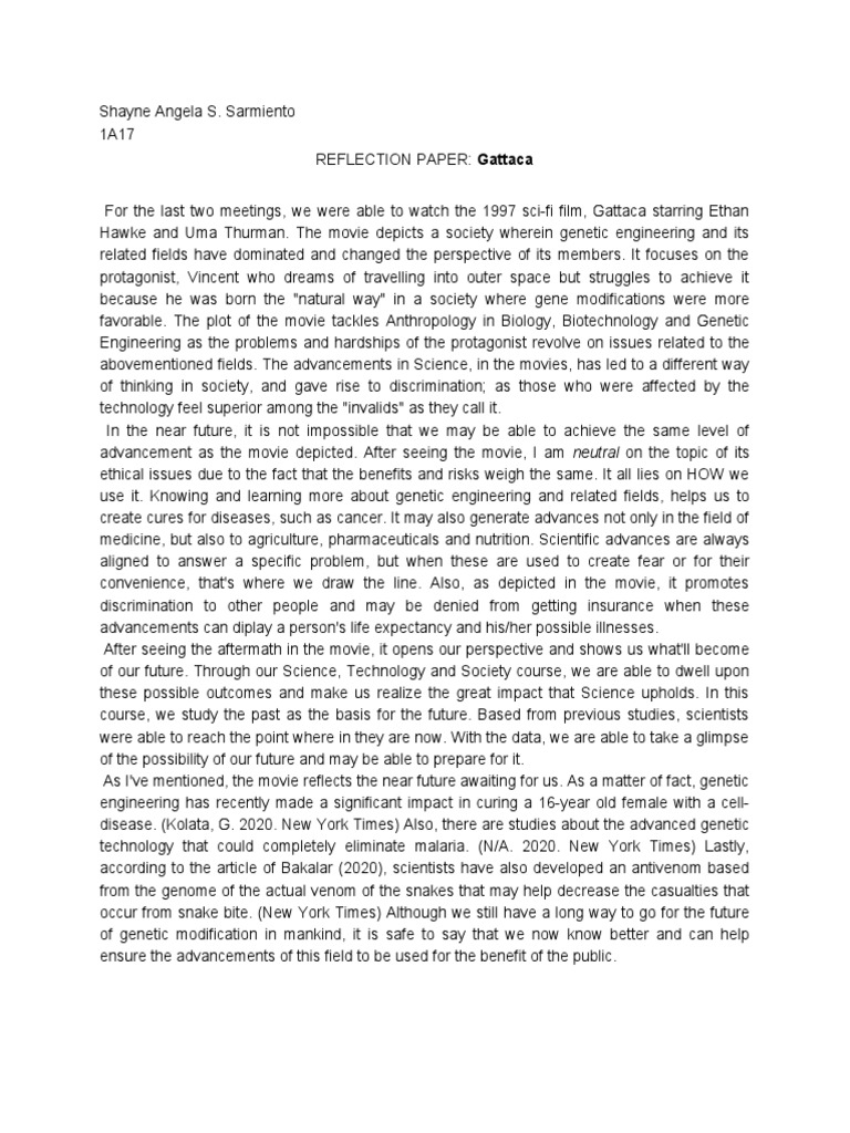Reflection Paper - Gattaca | PDF | Biology | Science And Technology