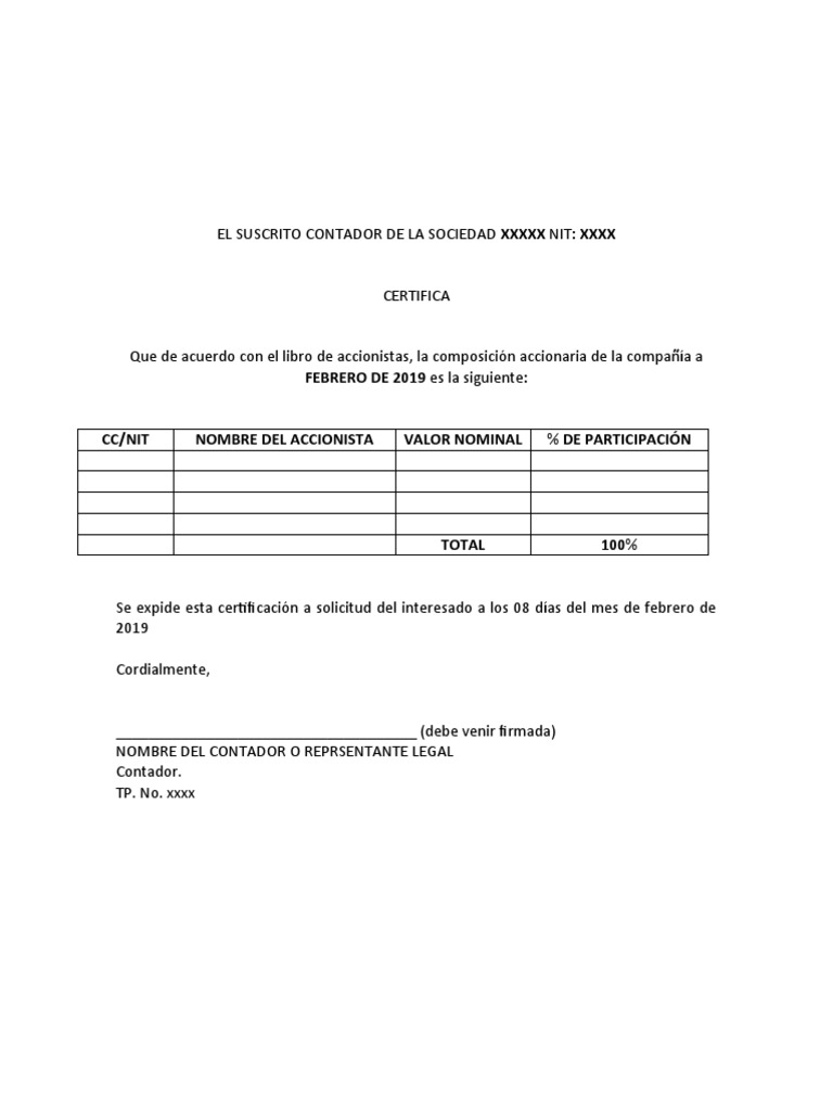 Modelo de Certificado de Composición Accionaria | PDF