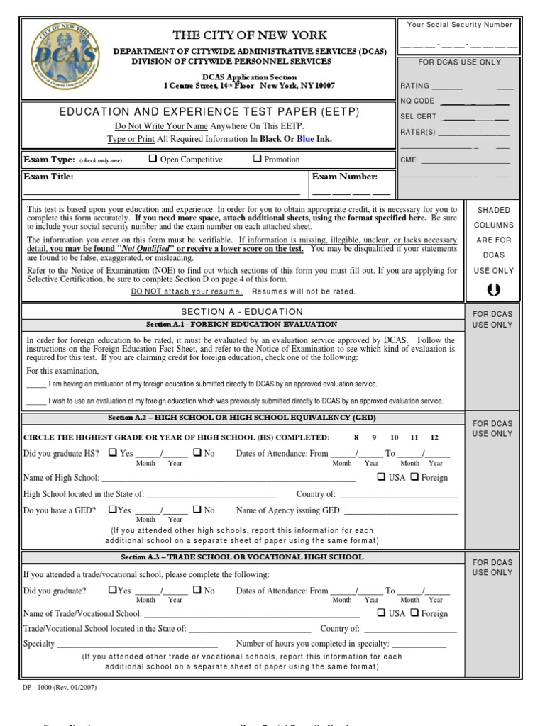 NYC DCAS Education & Experience Form | PDF | General Educational ...