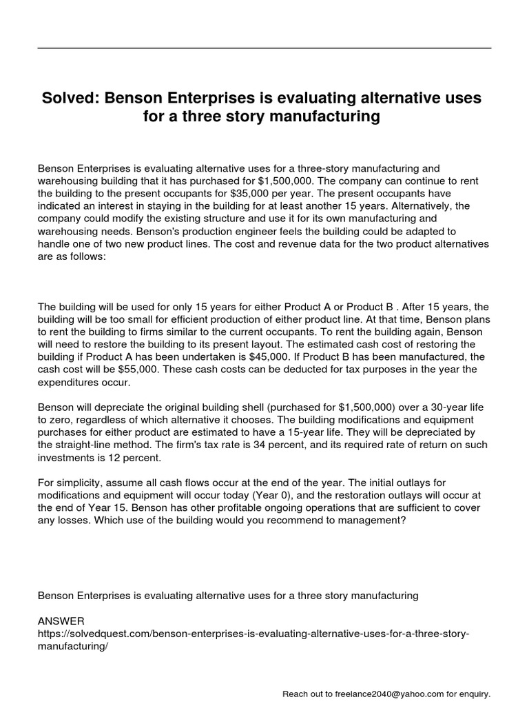 Benson Enterprises Is Evaluating Alternative Uses For A Three Story Manufacturing PDF