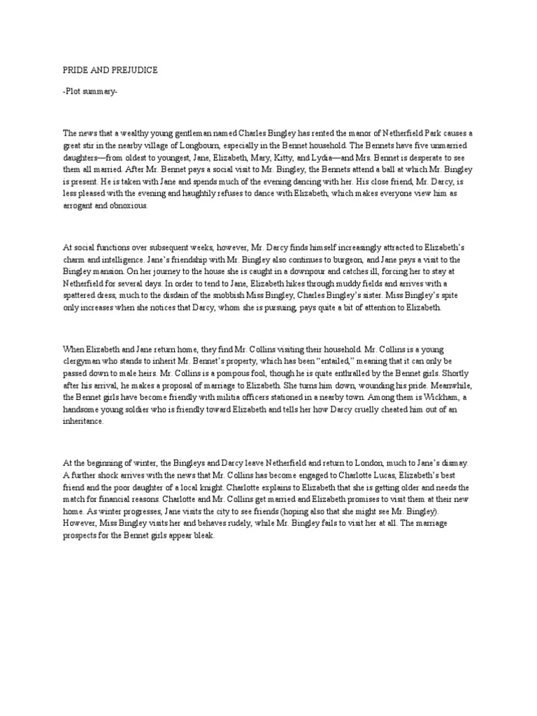 Pride and Prejudice Plot Summary PDF Pride And Prejudice Mr. Darcy