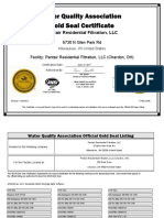 Water Quality Association Gold Seal Certificate: Pentair Residential Filtration, LLC