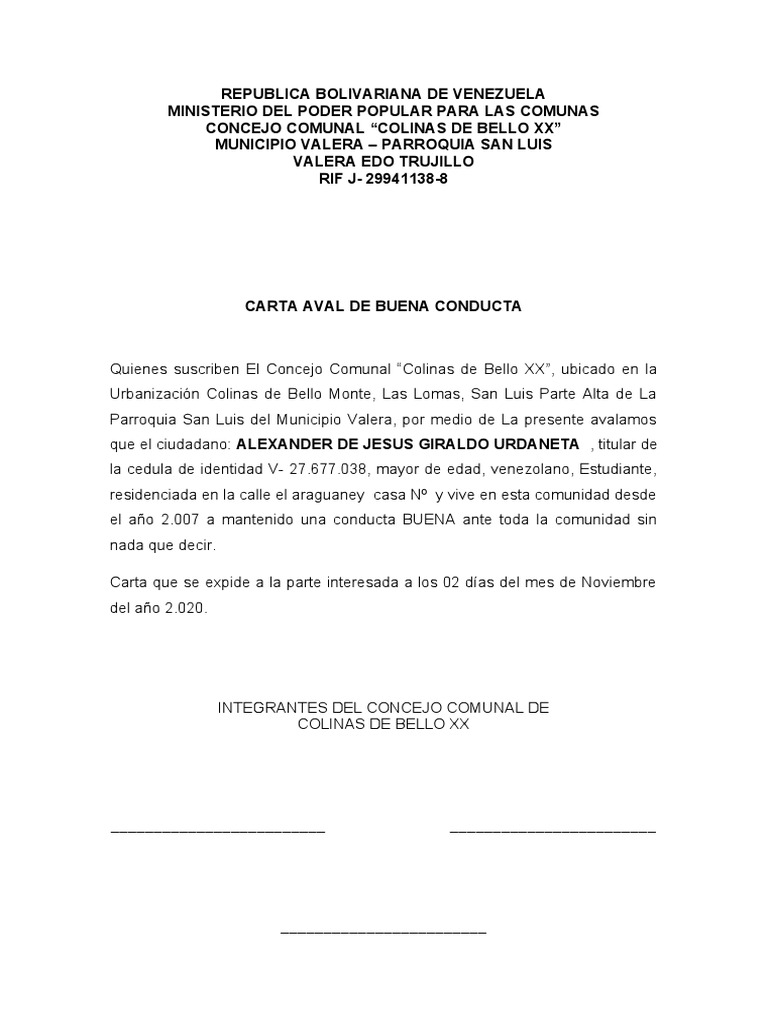 Carta Aval de Buena Conducta PDF