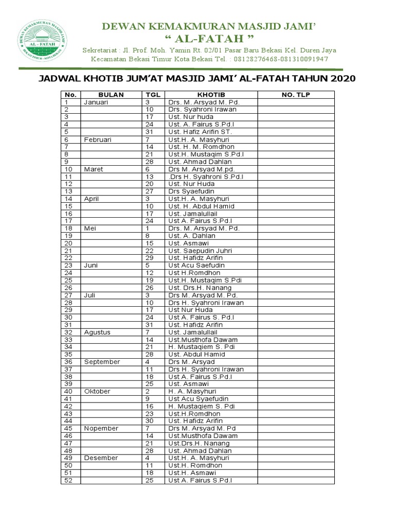 Jadwal Khotib 2020 | PDF