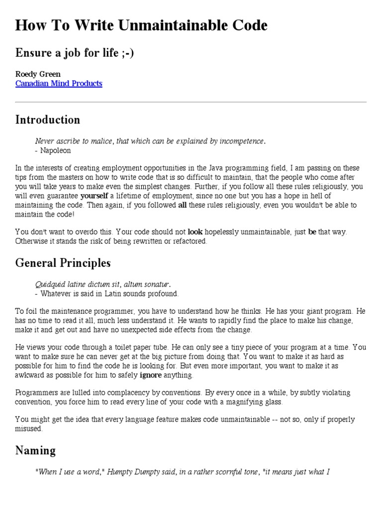 How To Write Unmaintainable Code | PDF | Parameter (Computer ...