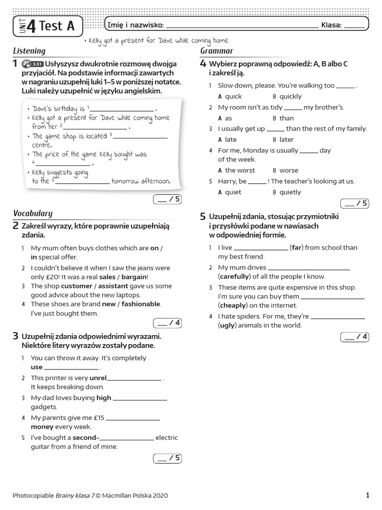 Unit 7 Test A Odpowiedzi Brainy kl7 Unit Test 4 A | PDF