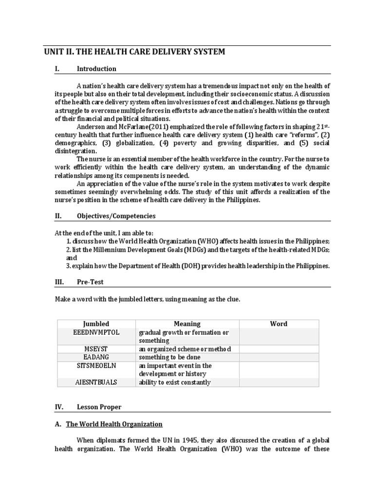 Unit Ii. The Health Care Delivery System | PDF | Millennium Development ...