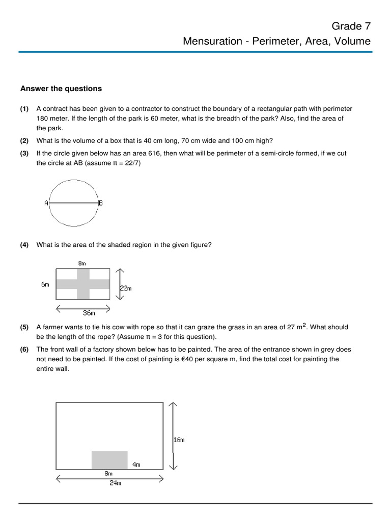 Grade 7 Mensuration Perimeter Area Volume | Download Free PDF | Area ...