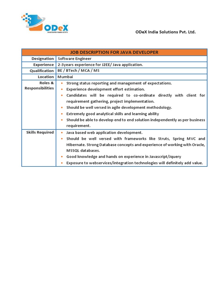 Job Description For Java Developer: Designation Experience ...