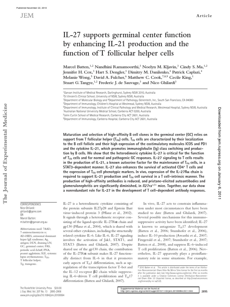IL-27's Role in T Follicular Helper Cells | PDF | T Helper Cell ...