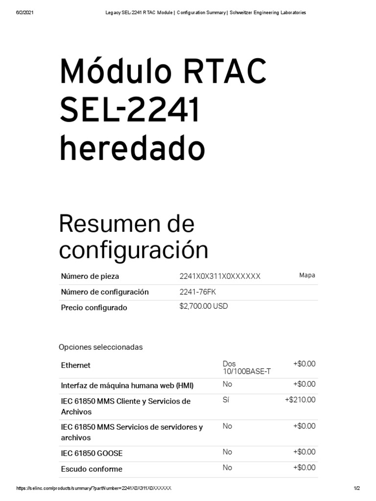 Módulo RTAC SEL2241 Heredado Resumen de Con Guración PDF Redes de