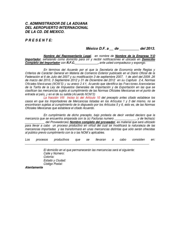 Formato-De-Carta-Nom-Aduana Aicm | PDF