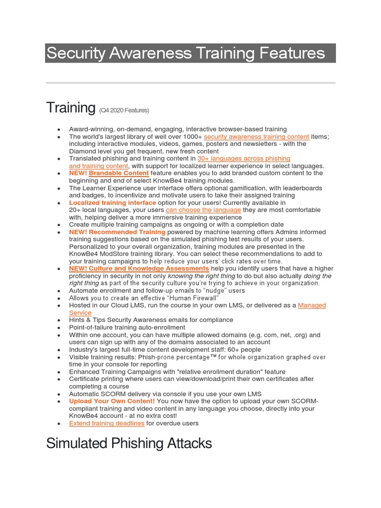 Security Awareness Training Features | Download Free PDF | Phishing