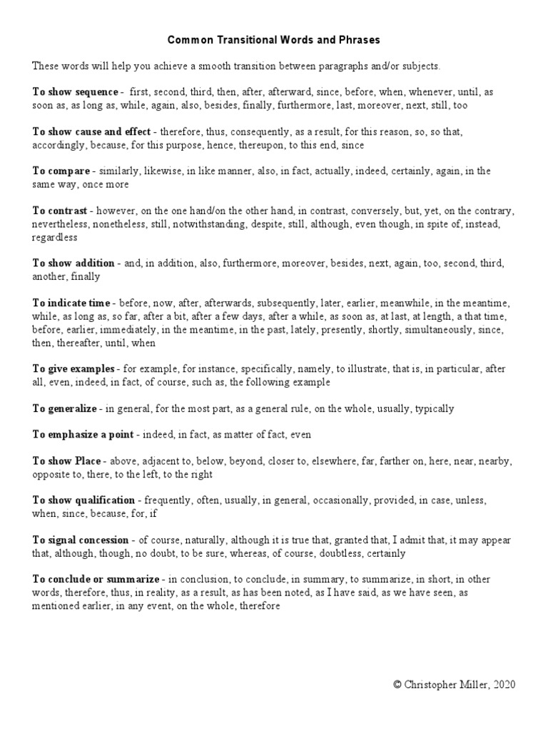 Common Transitional Words and Phrases | PDF