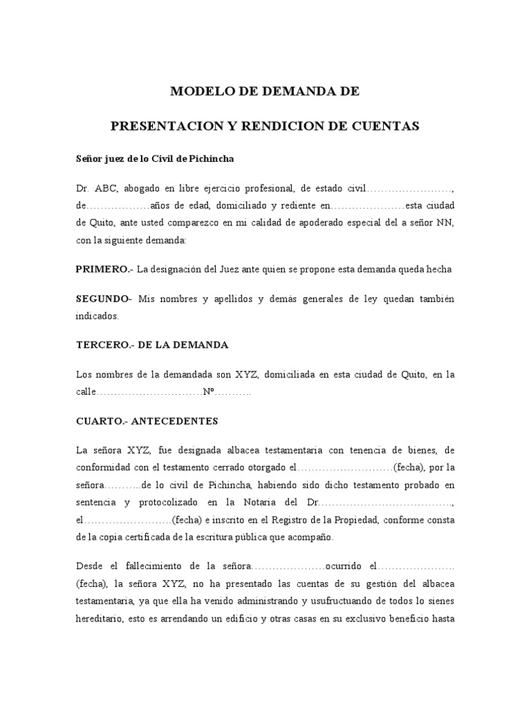 Modelo de Demanda de Presentacion Y Rendicion de Cuentas | PDF | Voluntad y  testamento | Ley común