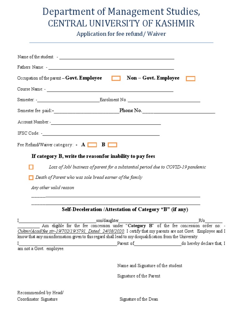 Fee Refund Application - CUK | PDF
