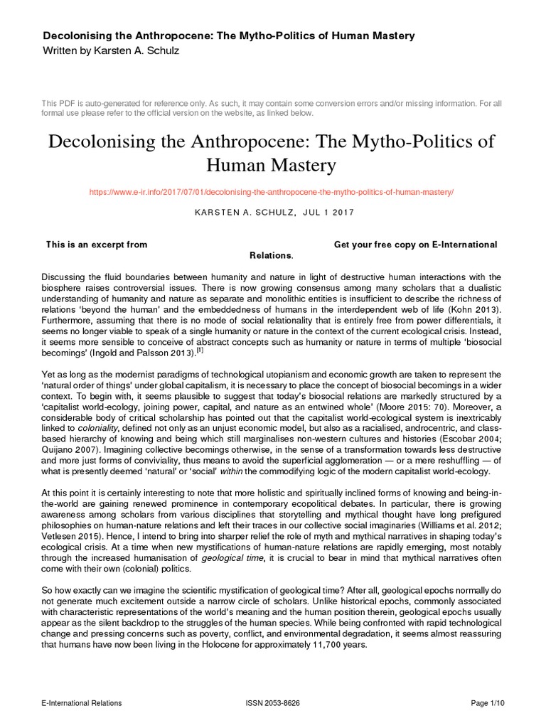 Decolonising The Anthropocene The Mytho Politics Of Human Mastery Pdf