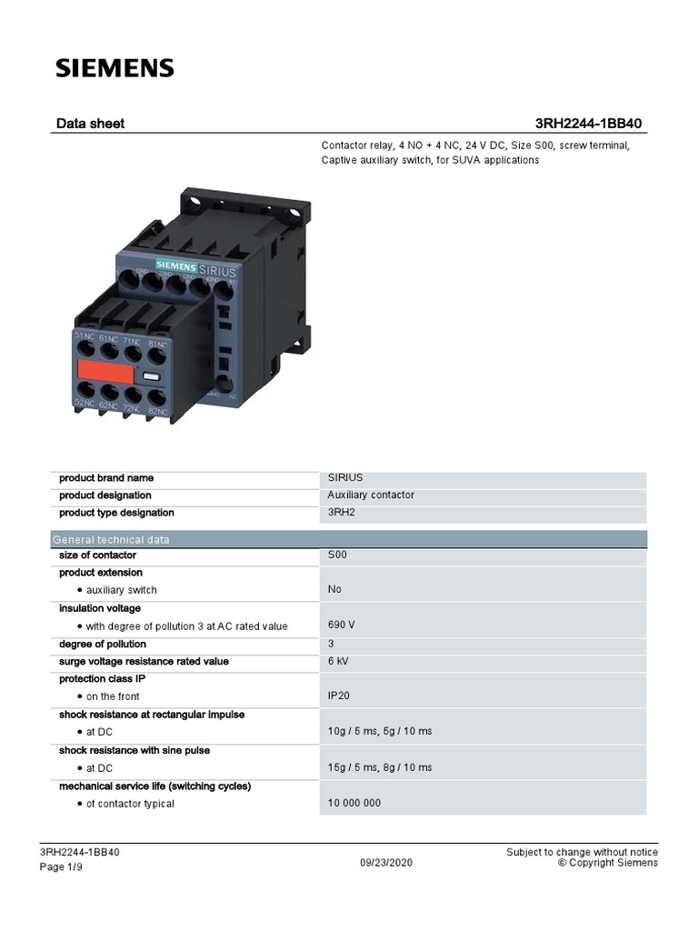 3RH22441BB40 Datasheet en | PDF | Inductor | Physical Quantities