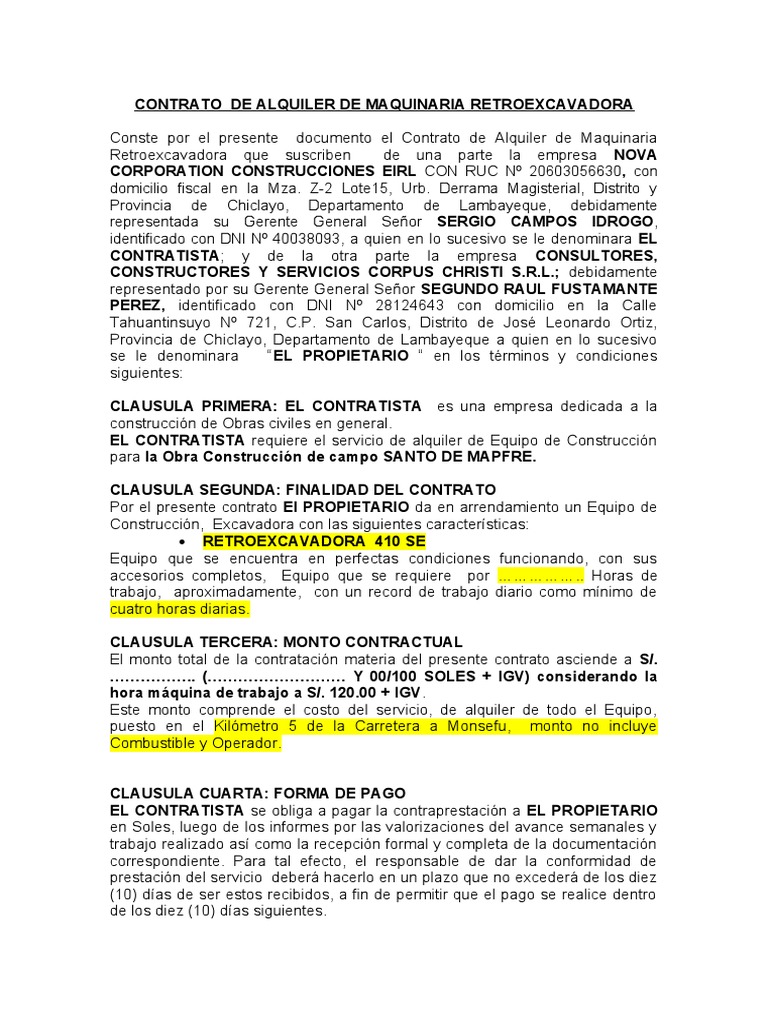 Contrato de Alquiler de Retroexcavadora | PDF | Negocios | Derecho