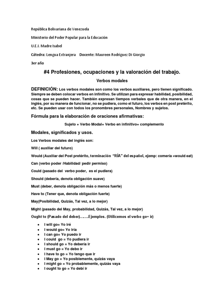 Verbos Modales en Inglés: Definición y Usos | PDF | Artes del Lenguaje ...