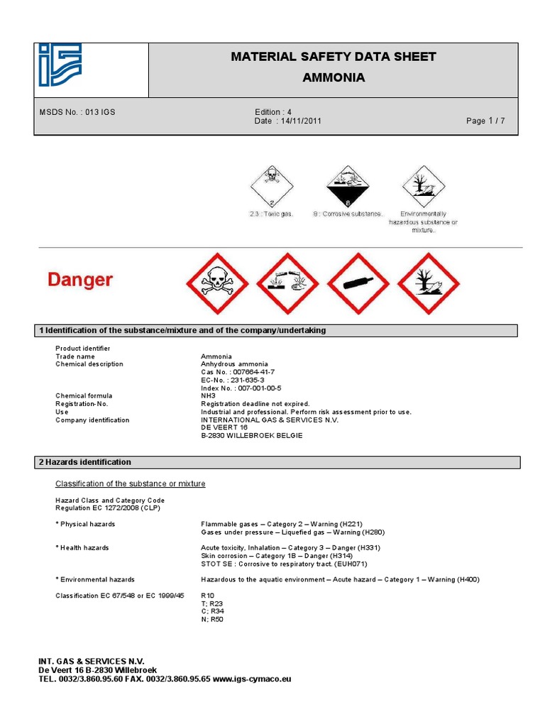 Material Safety Data Sheet Ammonia MSDS No. 013 IGS Edition 4 Date 14/11/2011 / 7 Download