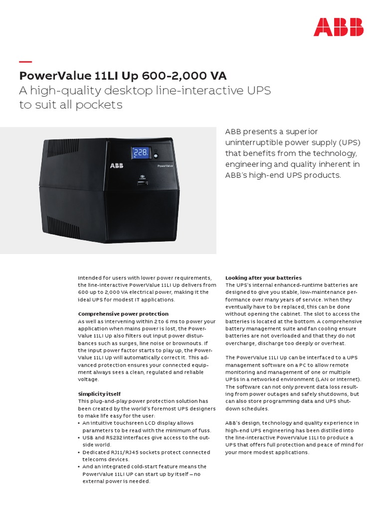 ABB PowerValue 11LI Up gruppo di continuità (UPS/SAI) A linea interattiva PowerValue 1000 VA (4NWP100172R0001), 3 Minuti, Nero