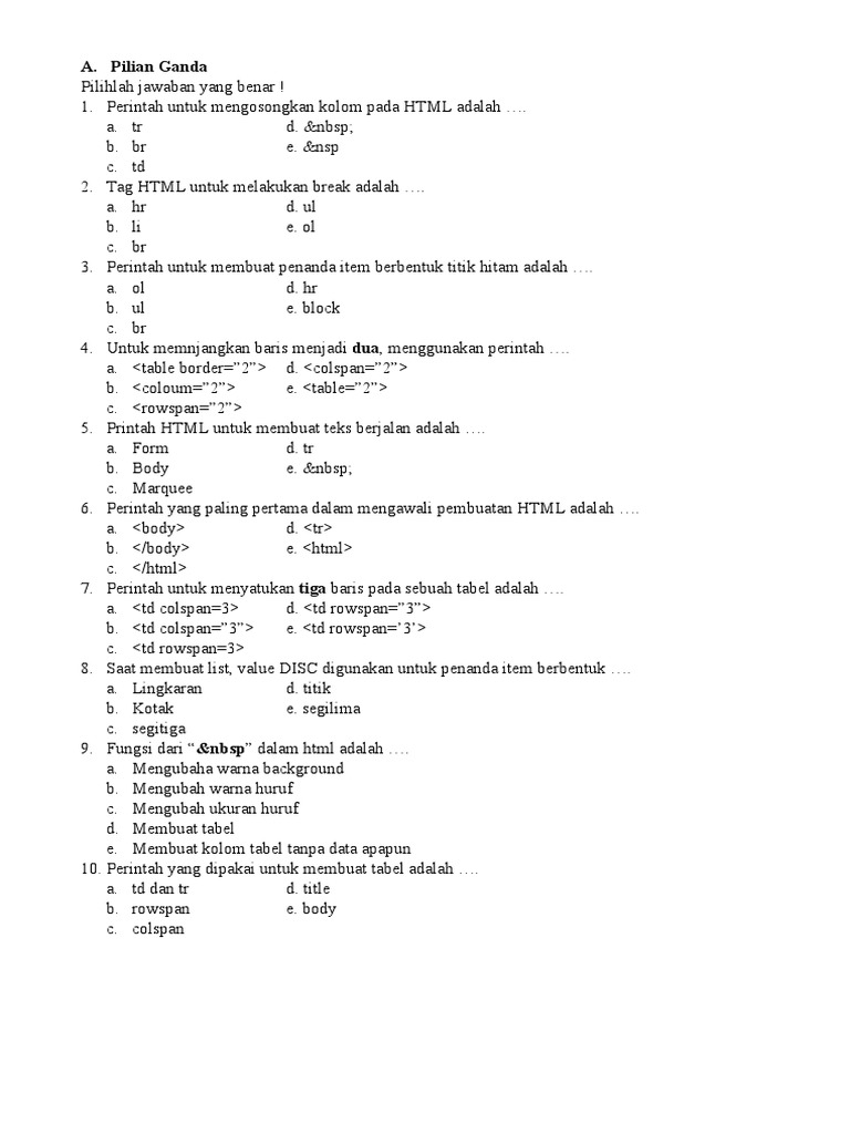 Soal Latihan Dasar HTML dan Tabel | PDF | Metode & Bahan Ajar | Komputer