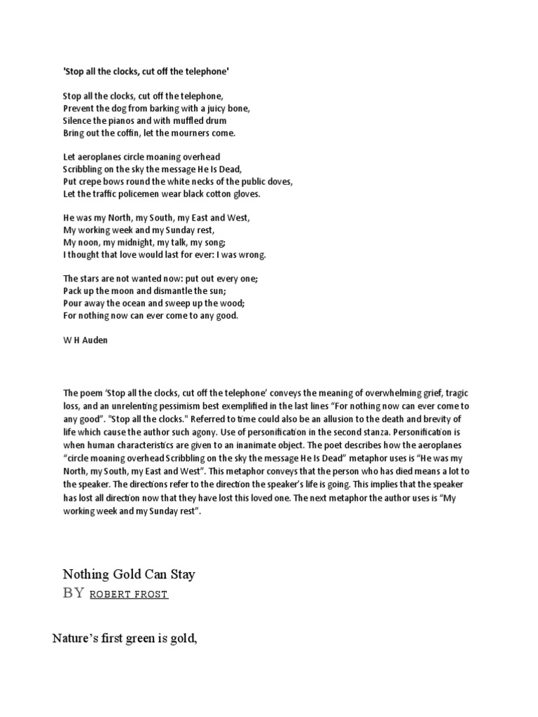 Nothing Gold Can Stay 'Stop All The Clocks, Cut Off The Telephone