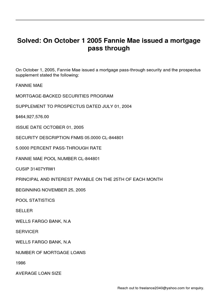 On October 1 2005 Fannie Mae Issued A Mortgage Pass Through PDF