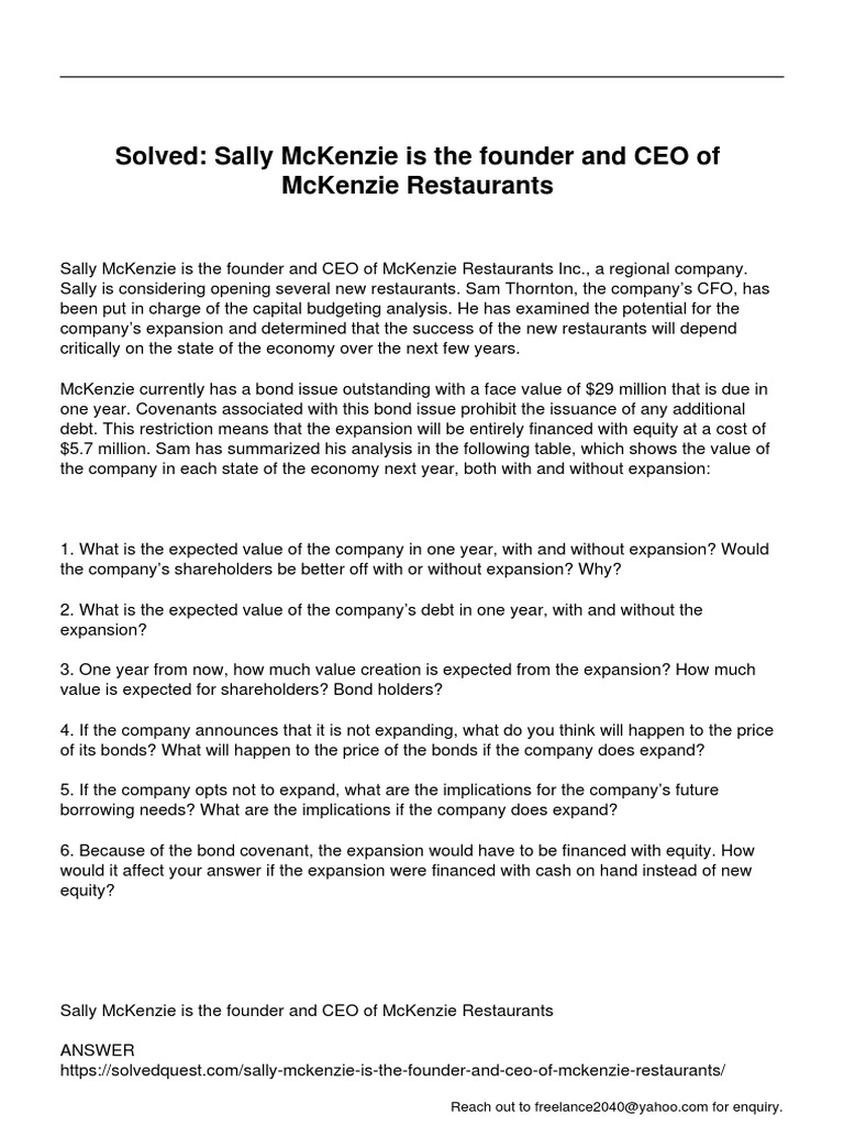 Sally Mckenzie Is The Founder and Ceo of Mckenzie Restaurants PDF
