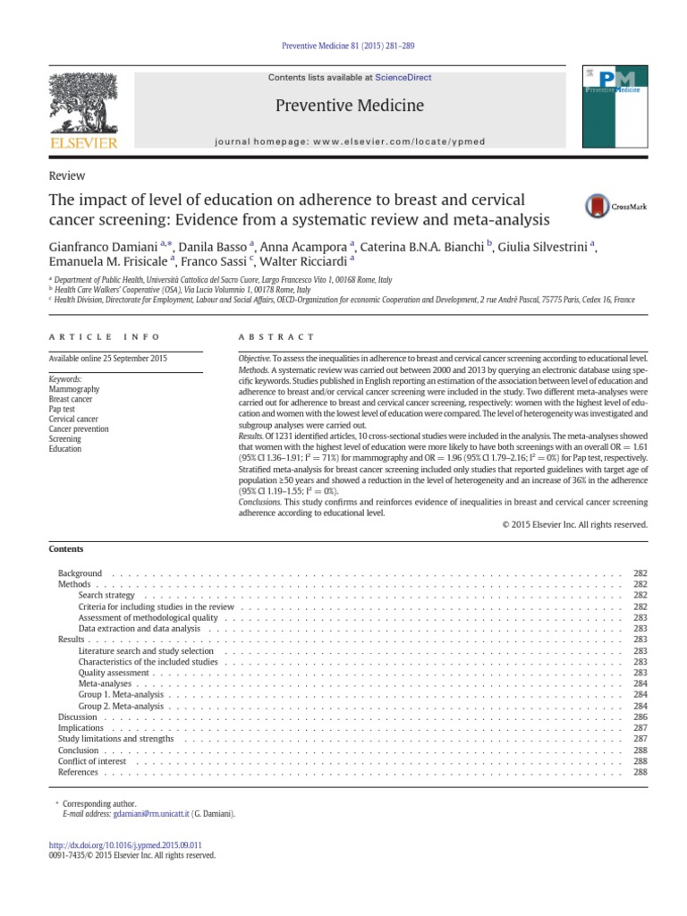 The Impact of Level of Education On Adherence To Breast and Cervical ...