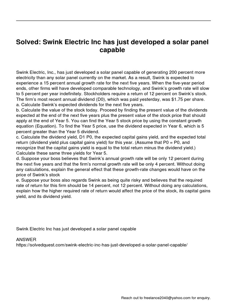 Swink Electric Inc Has Just Developed A Solar Panel Capable PDF Yield (Finance) Dividend