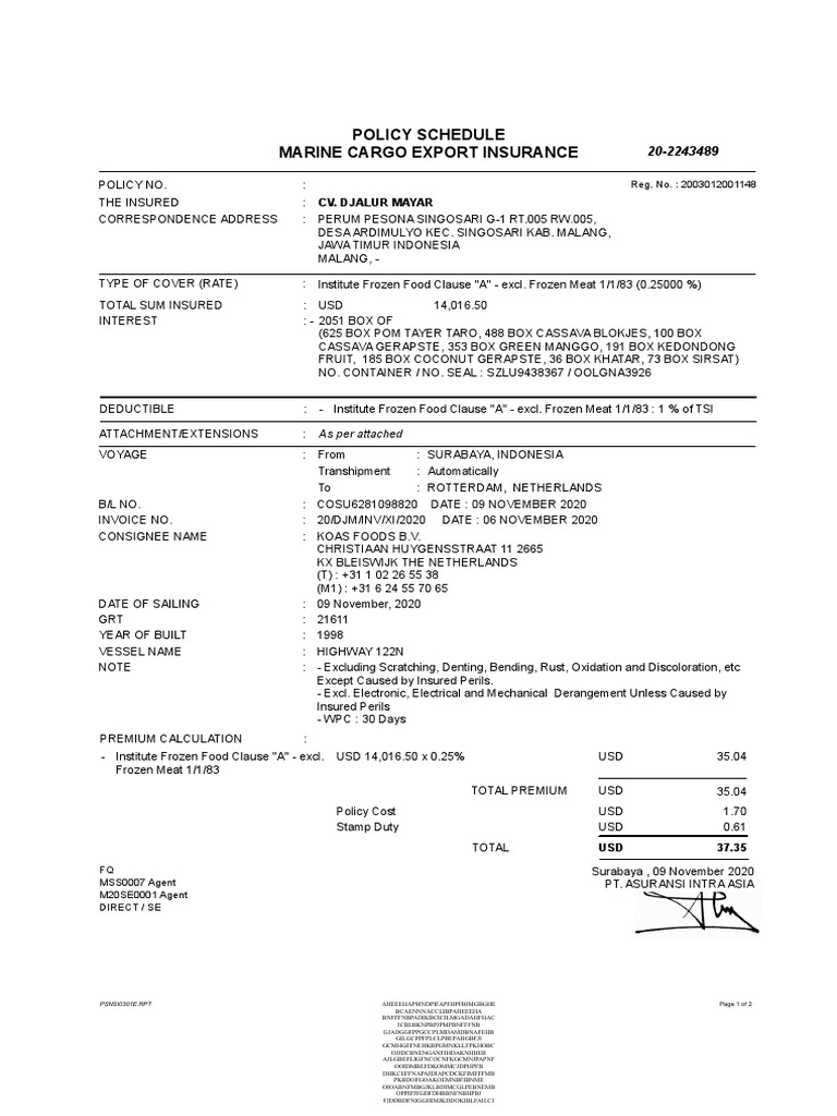 Policy Schedule Marine Cargo Export Insurance: Reg. No.: 2003012001148 ...