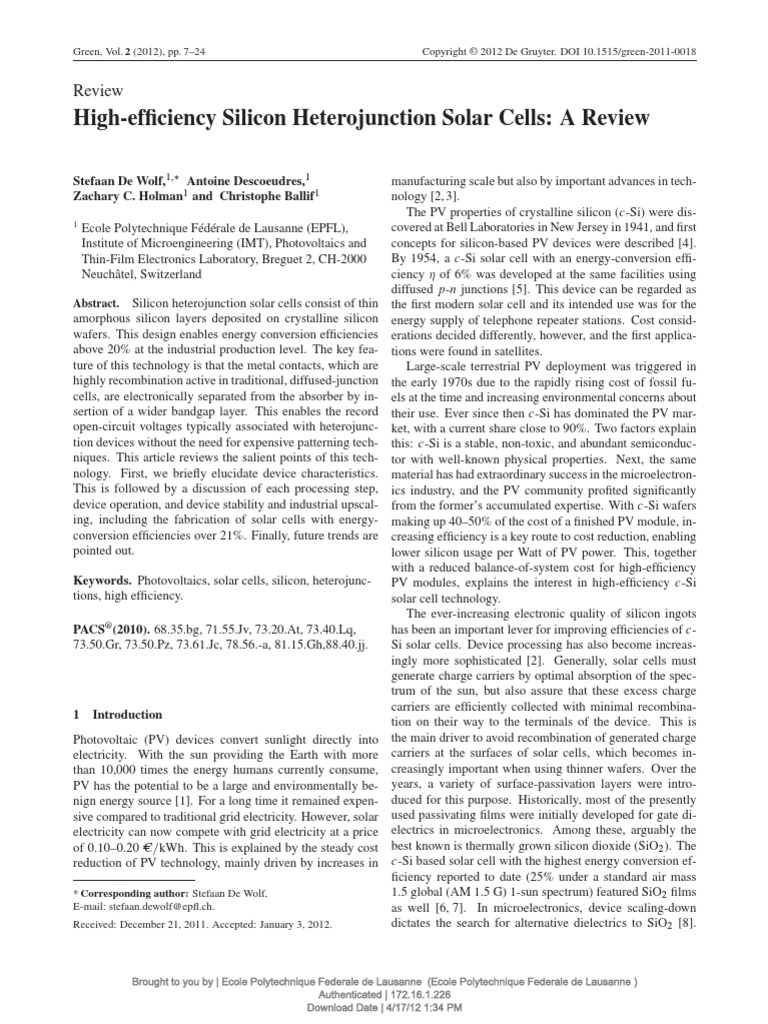 2012 High-Efficiency Silicon Heterojunction Solar Cells - A Review ...
