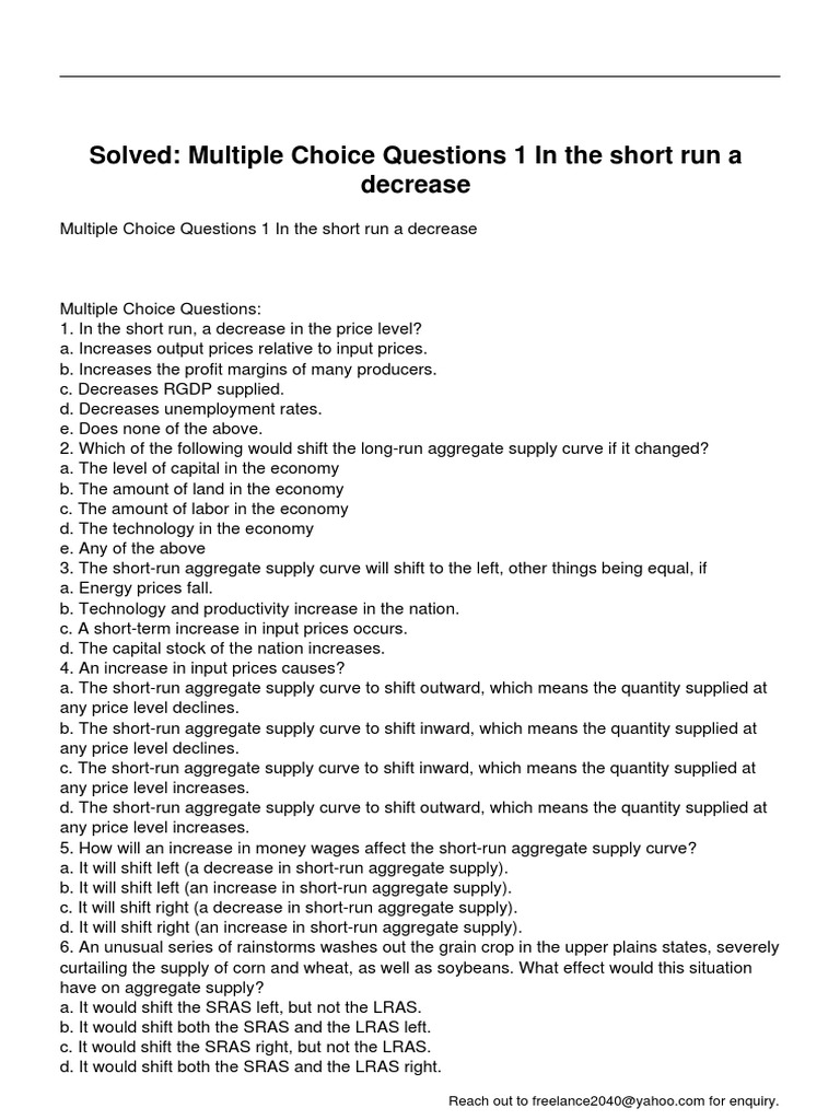 Aggregate Supply MCQs with Answers | PDF | Long Run And Short Run ...