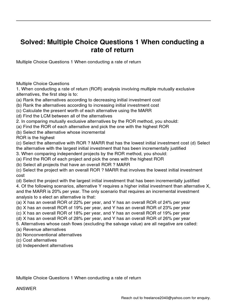 Multiple Choice Questions 1 When Conducting A Rate of Return | PDF ...
