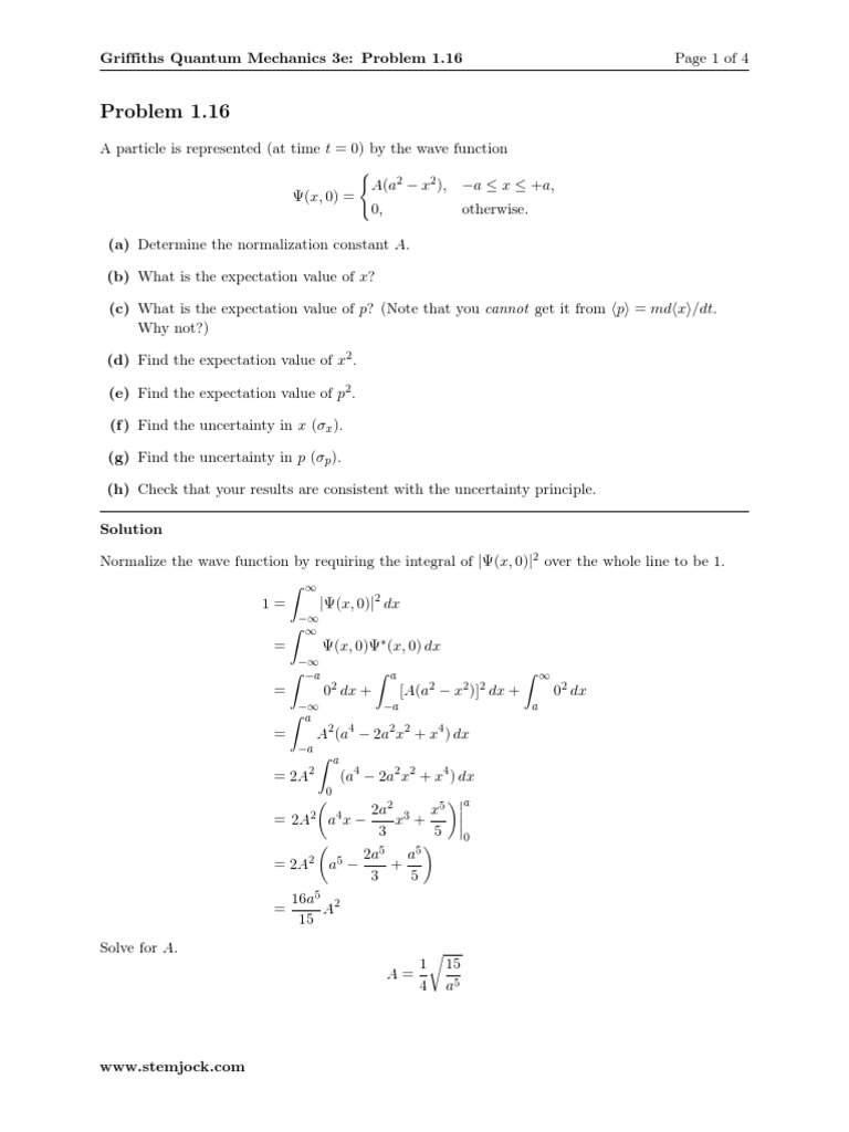 Griffiths Qmch 1 P 16 Pdf Wave Function Integral