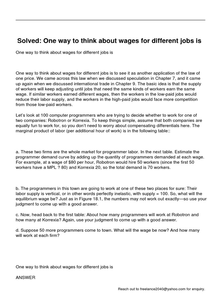 One Way To Think About Wages For Different Jobs Is | PDF
