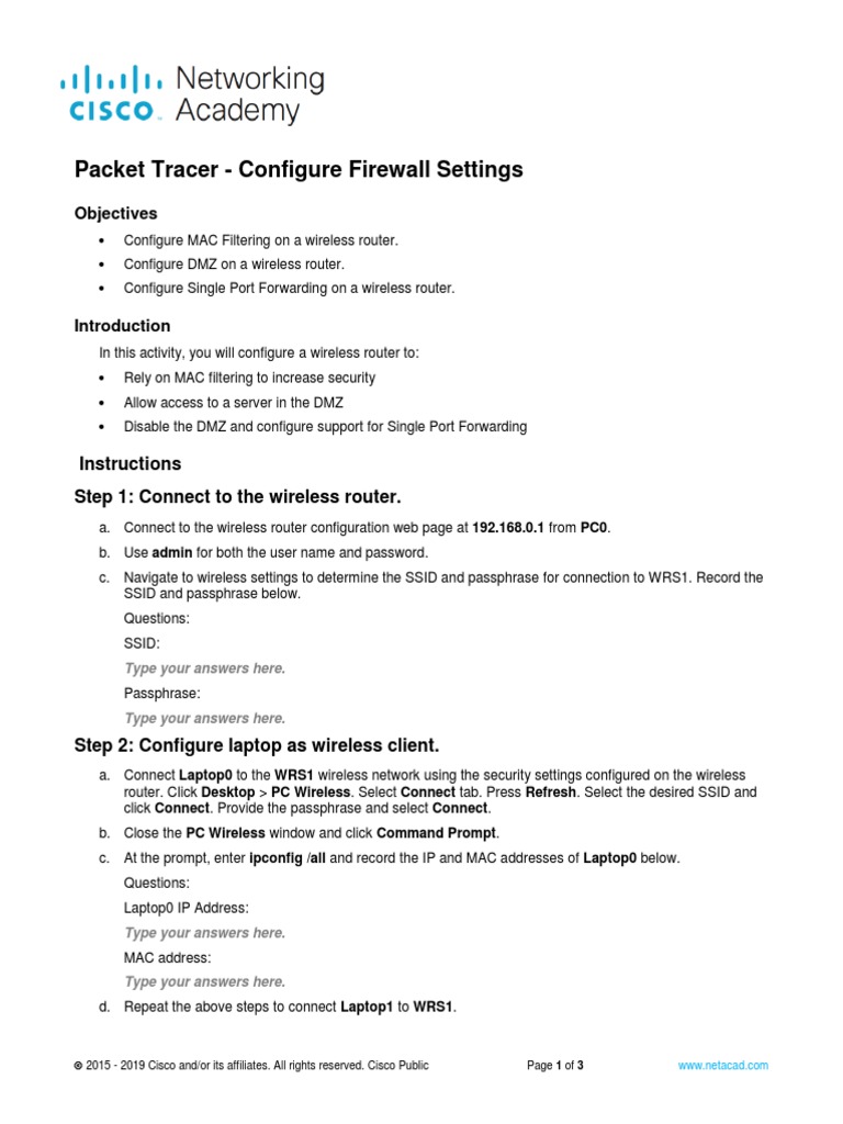Configuring Firewall in Cisco Packet Tracer | PDF | Router (Computing ...