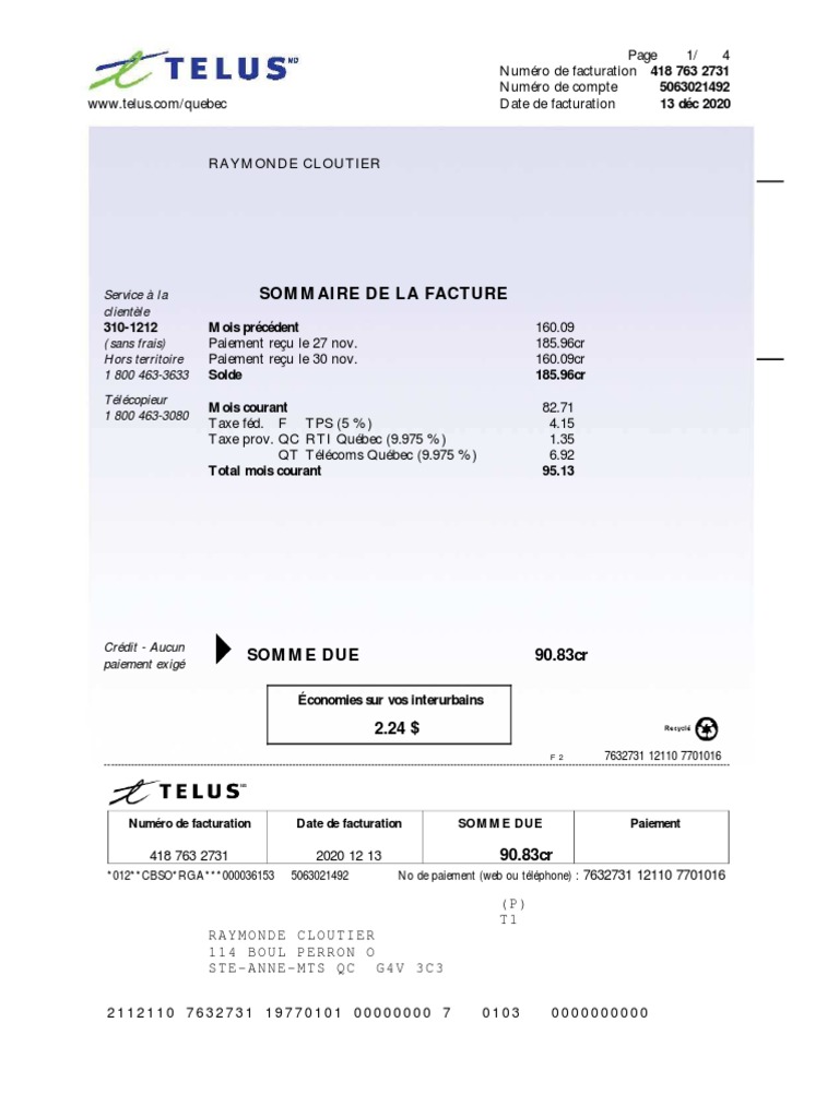 Facture TELUS - Décembre 2020 | PDF | Télécommunications | Technologies ...