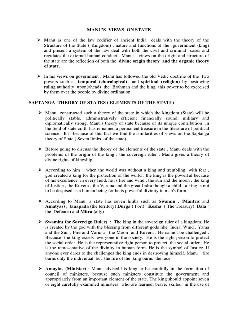 Manu's Saptanga Theory of the Ancient Indian State PDF Religion And
