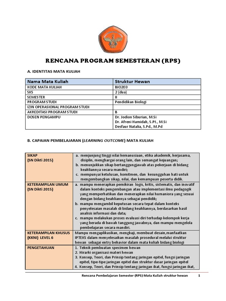 RPS Struktur Hewan untuk Pendidikan Biologi | PDF | Pengembangan Diri ...