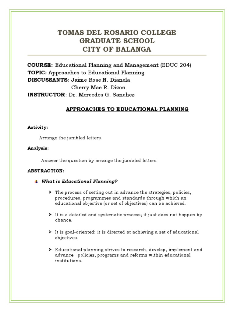 Session Guide Approaches To Educational Planning Educ 204 | PDF | Cost ...