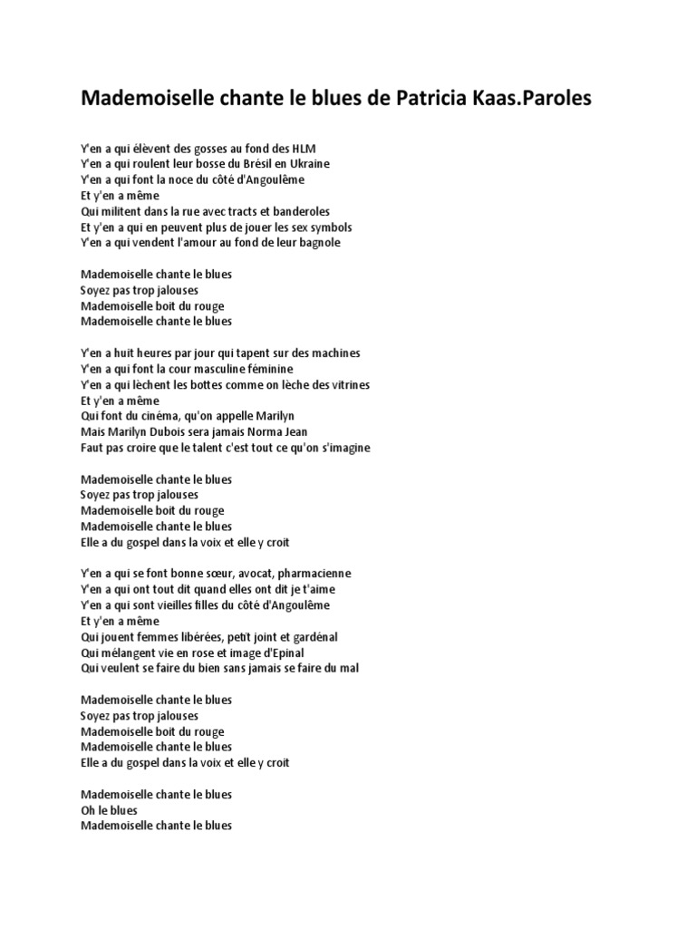 Patricia Kaas Mademoiselle Chante Le Blues Paroles