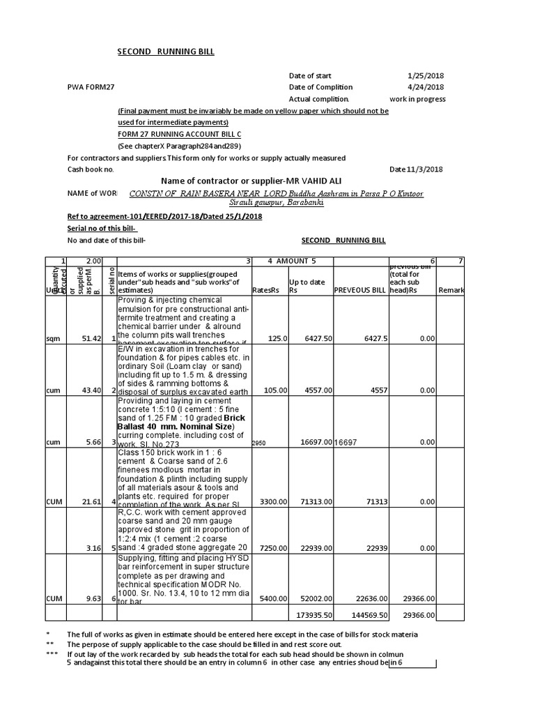 PARSA KINTOOR 2nd Running Bill | PDF | Cheque | Plaster